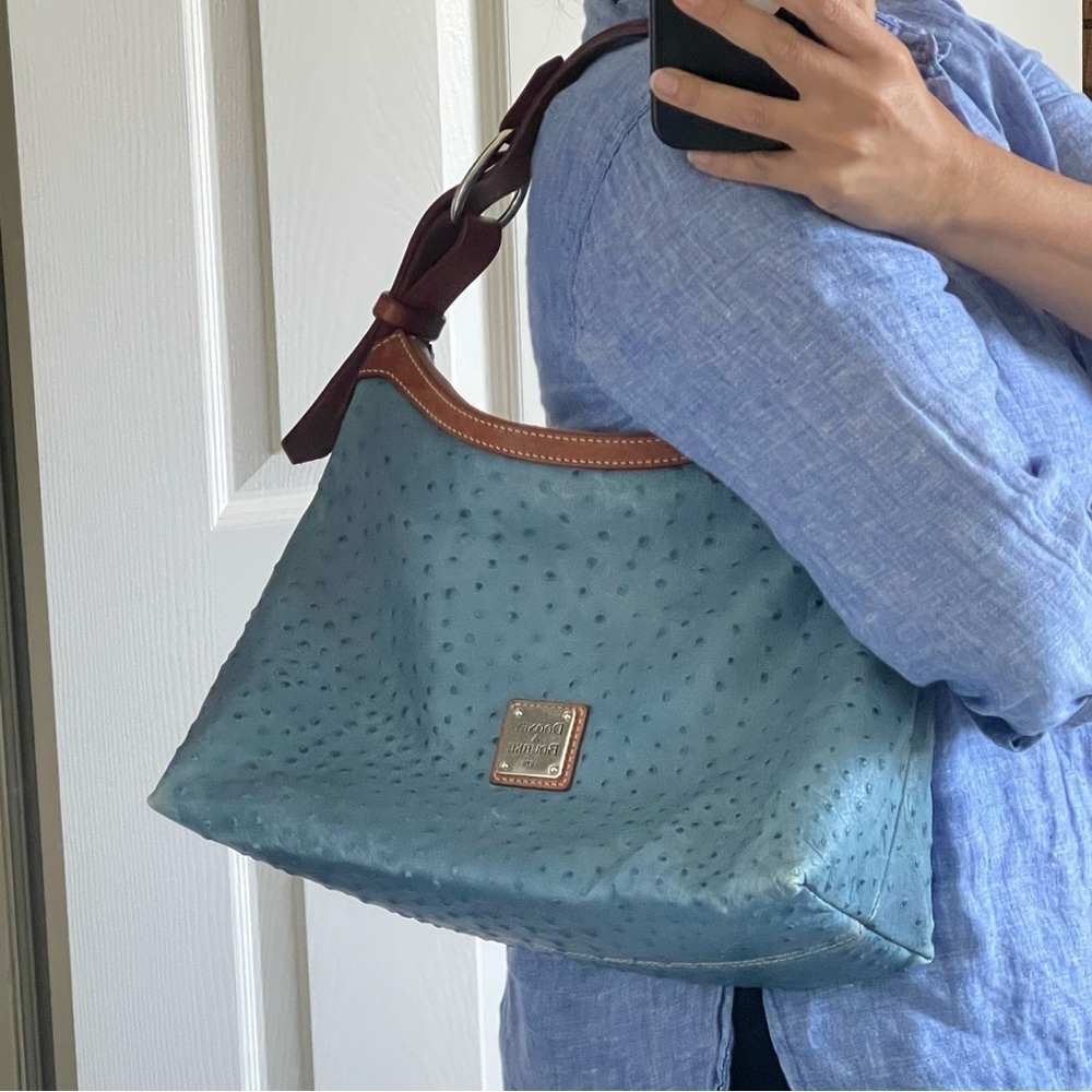 Dooney & Bourke Light Blue Ostrich-Embossed Hobos with Brown Trim - Picture 11 of 15